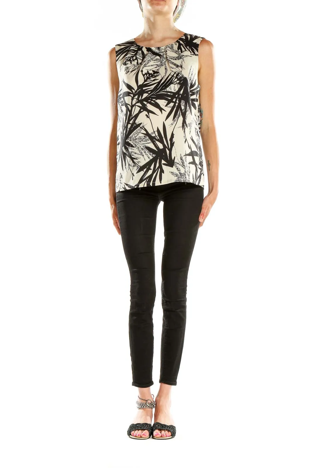 Black and White Tropical Print Sleeveless Top