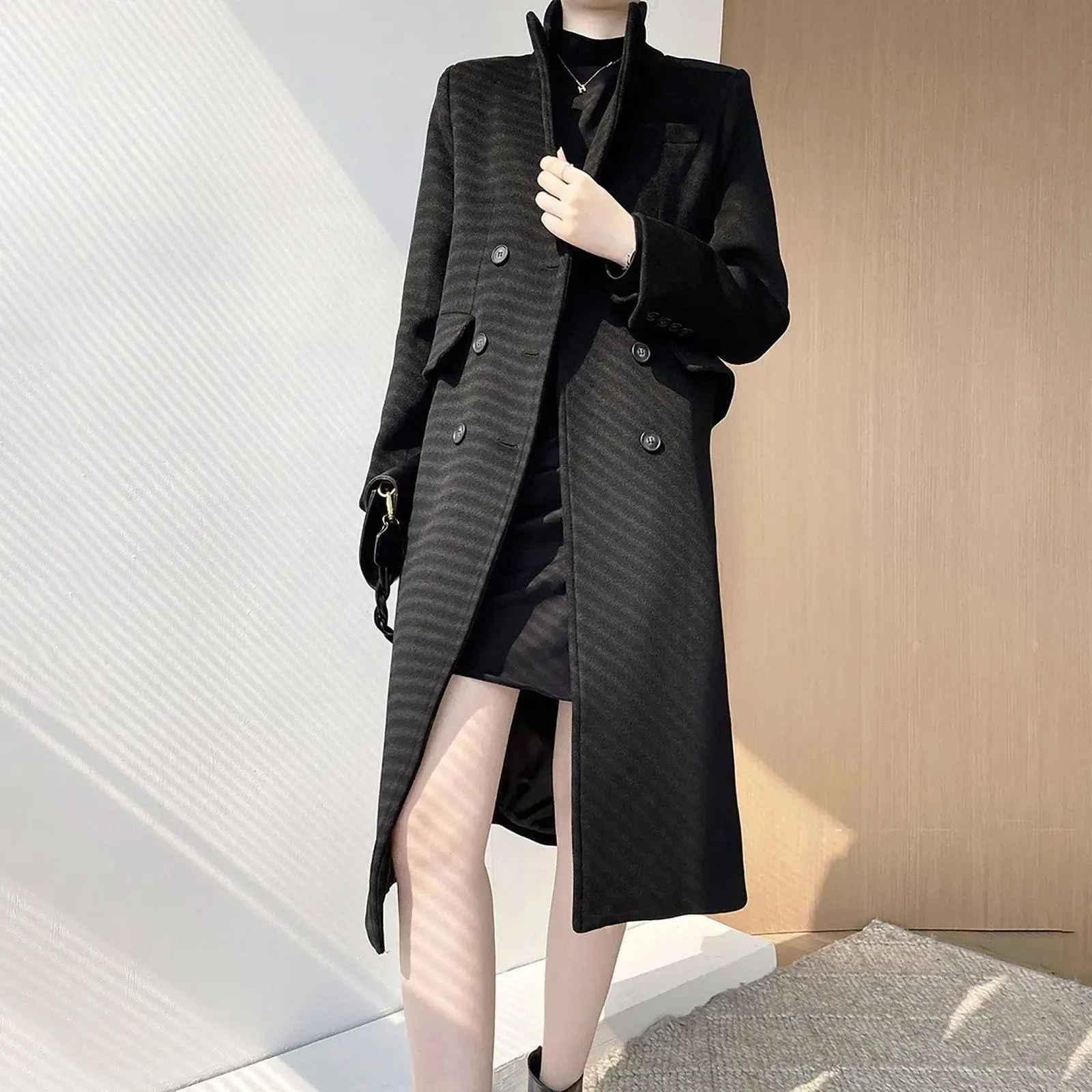 Black Double Breasted Flap Pocket Long Wool Blend Coat