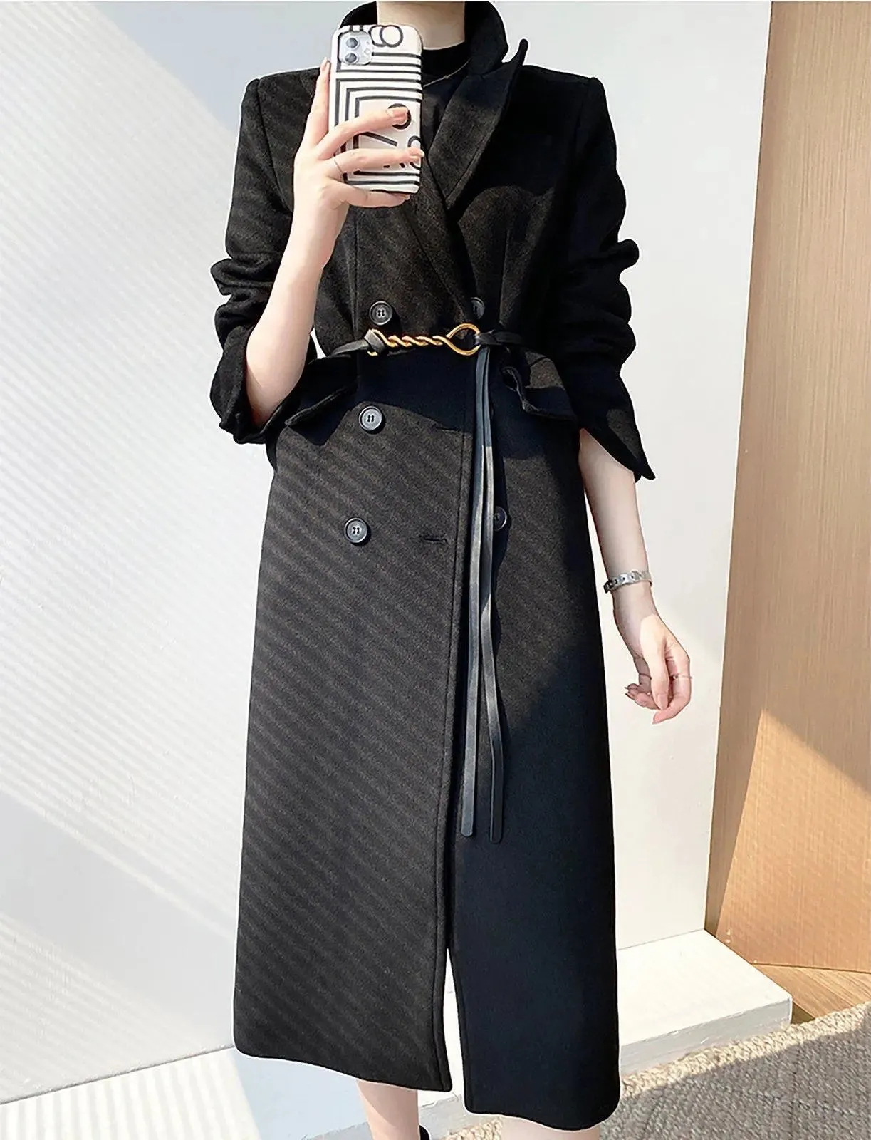 Black Double Breasted Flap Pocket Long Wool Blend Coat