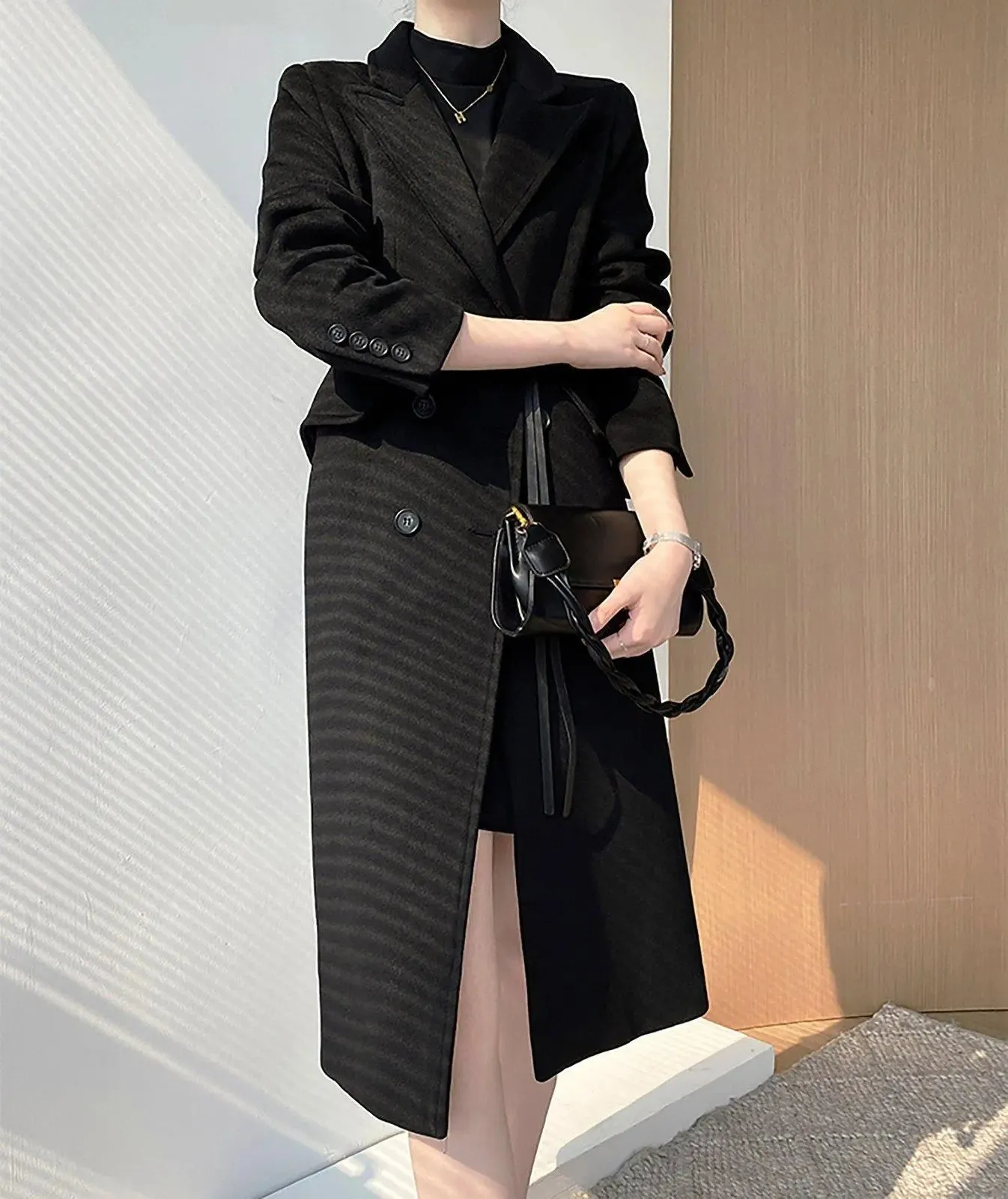 Black Double Breasted Flap Pocket Long Wool Blend Coat