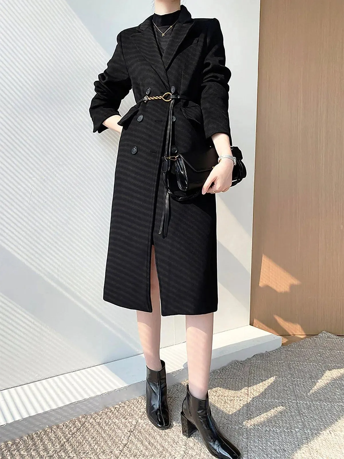 Black Double Breasted Flap Pocket Long Wool Blend Coat