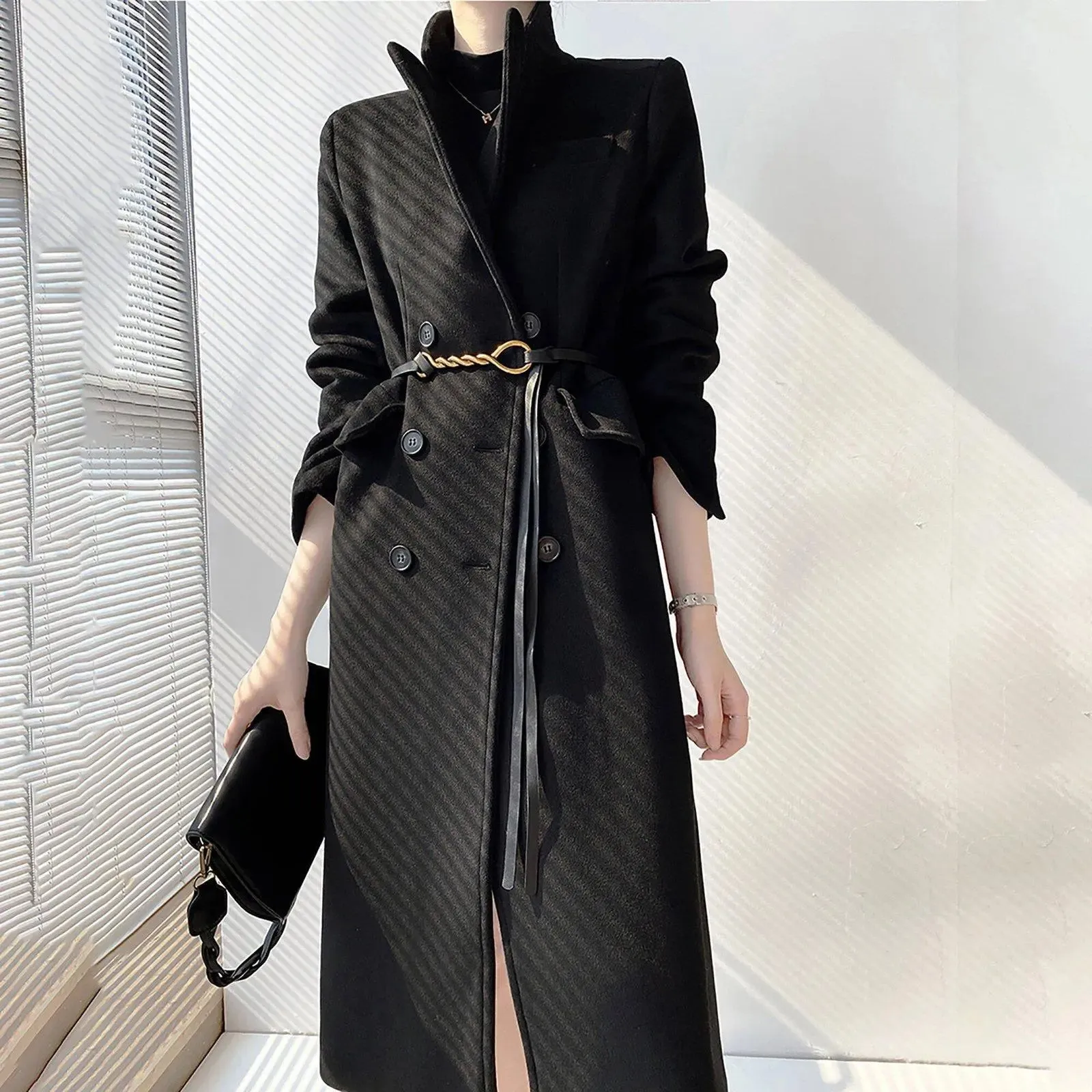 Black Double Breasted Flap Pocket Long Wool Blend Coat