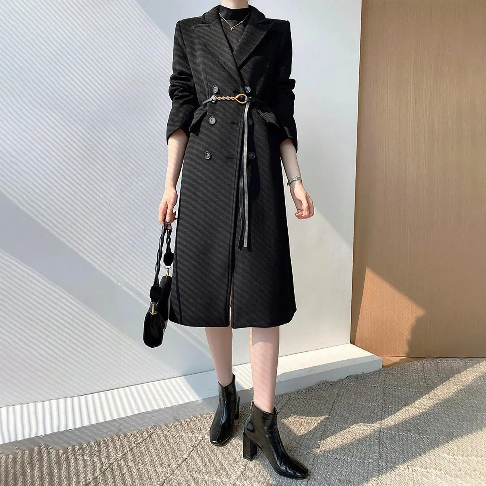 Black Double Breasted Flap Pocket Long Wool Blend Coat