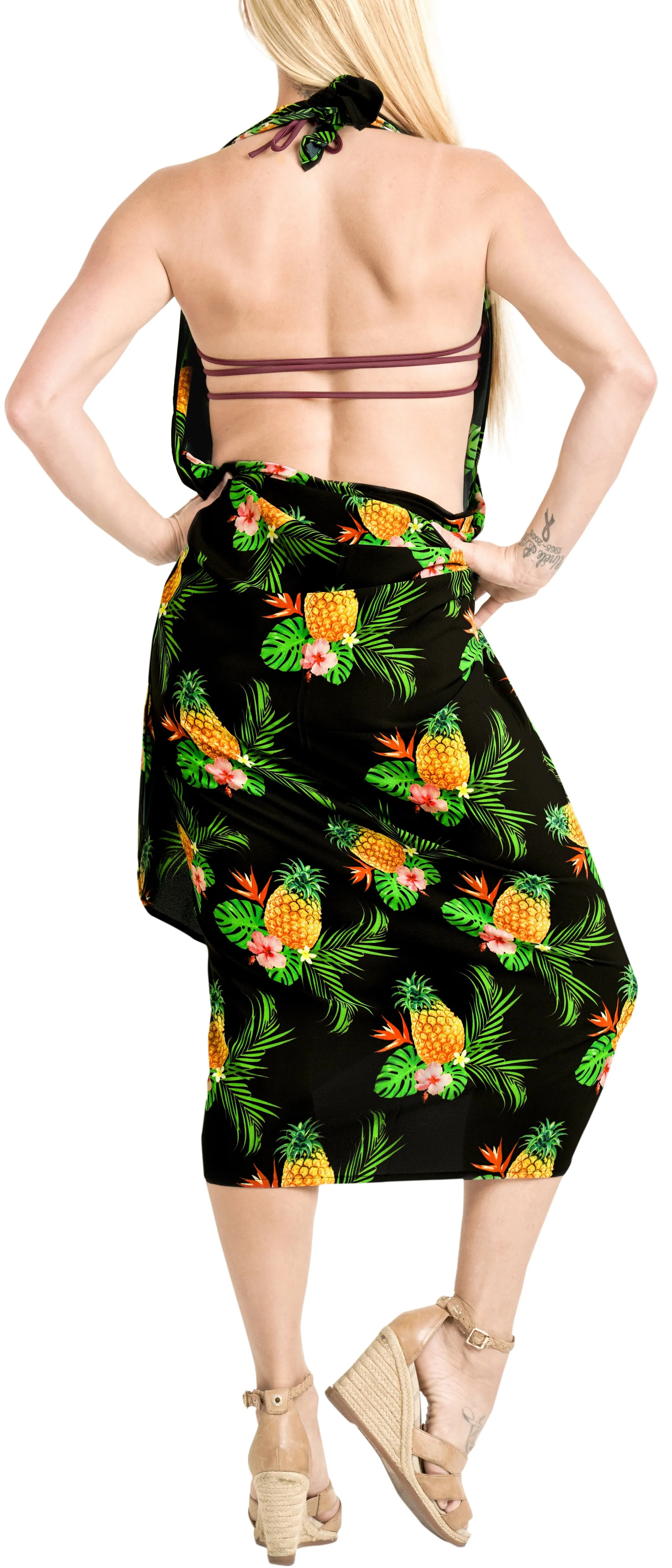 Black Non-Sheer Beach Wrap For Women with Allover Pineapple, Leaves and Floral Print