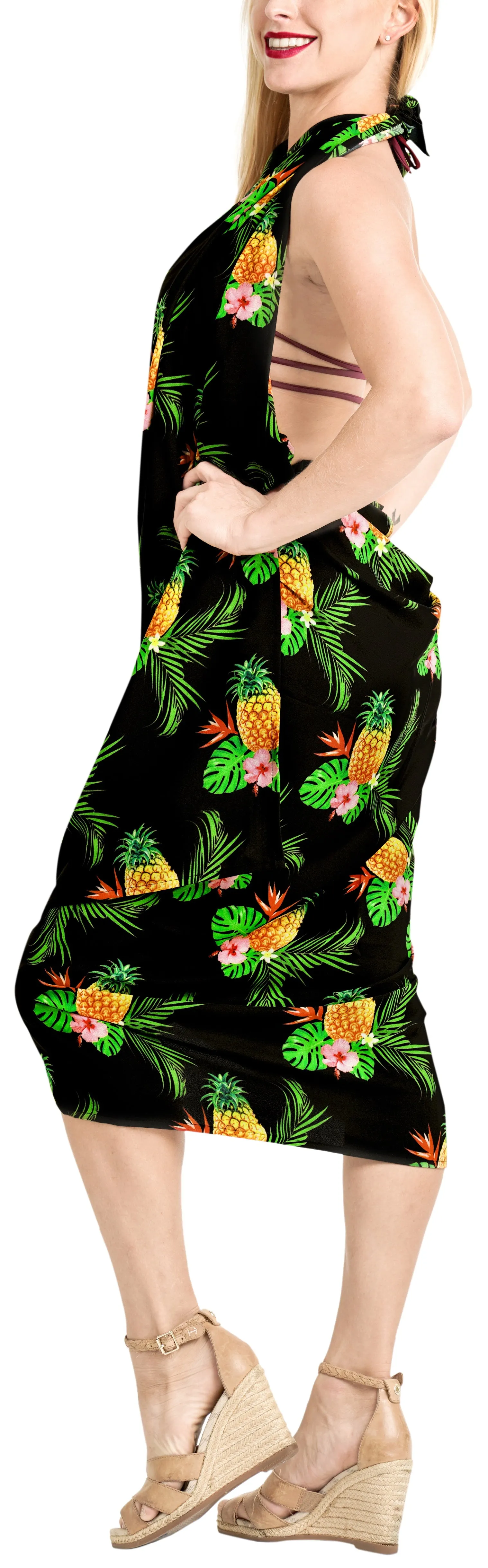 Black Non-Sheer Beach Wrap For Women with Allover Pineapple, Leaves and Floral Print