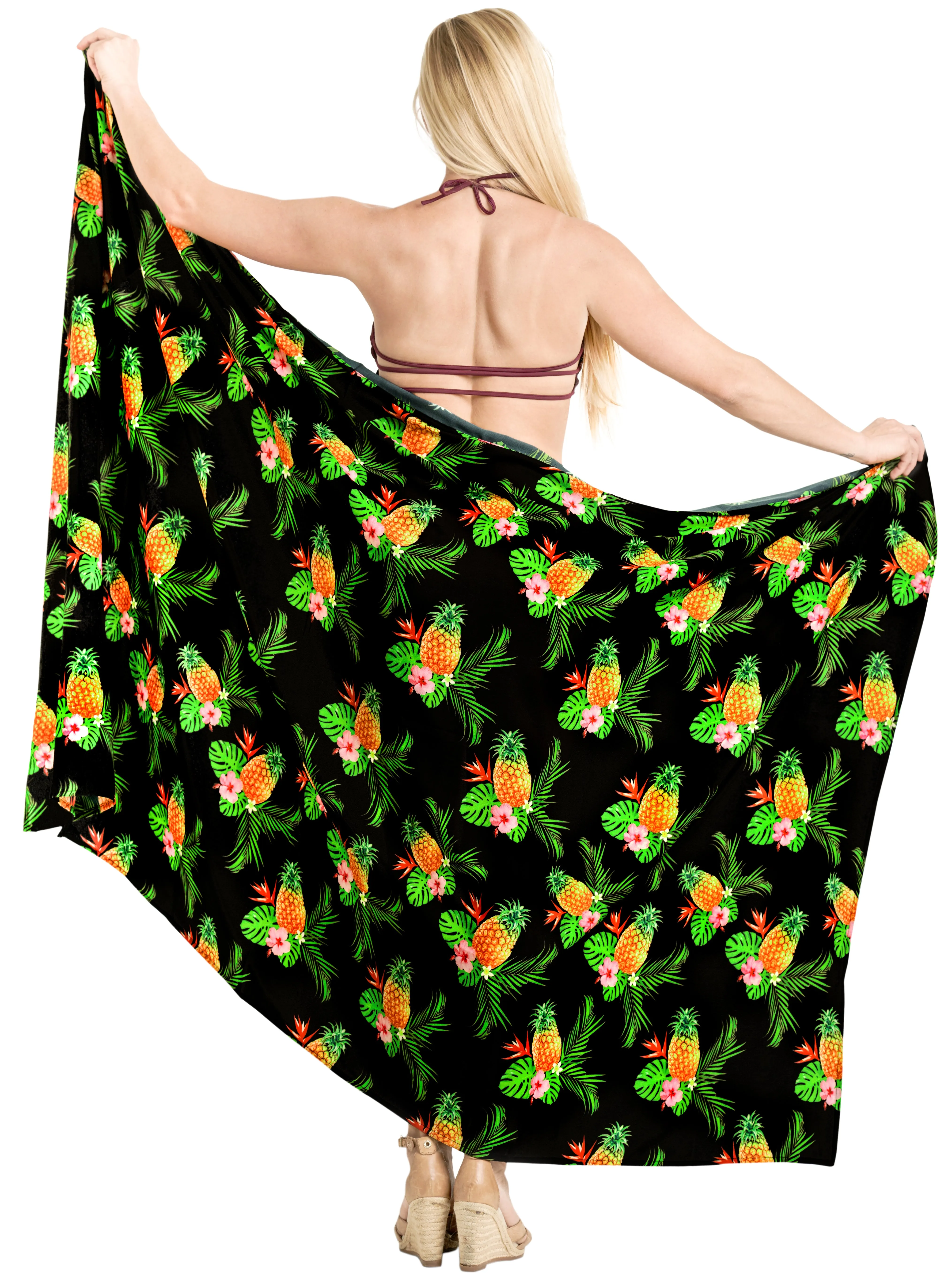 Black Non-Sheer Beach Wrap For Women with Allover Pineapple, Leaves and Floral Print