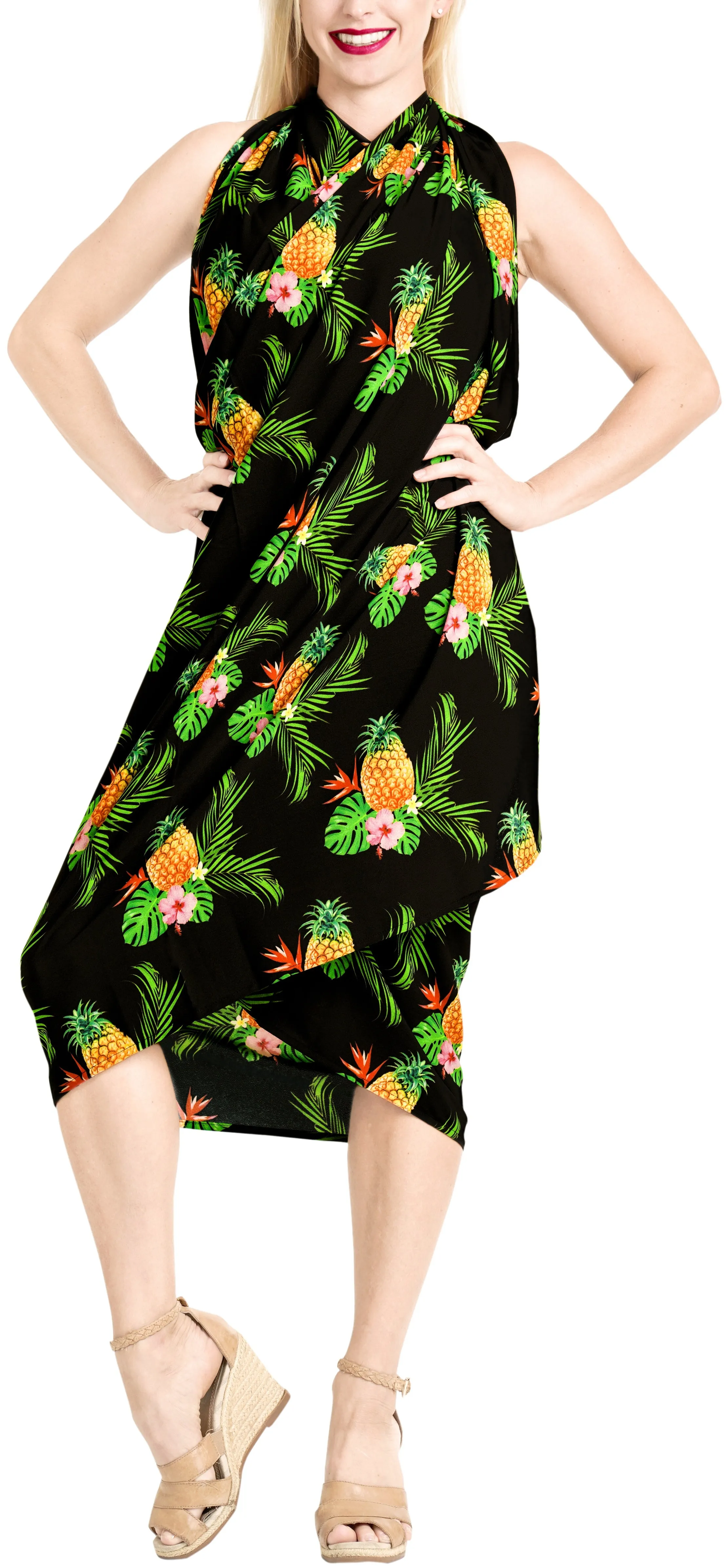 Black Non-Sheer Beach Wrap For Women with Allover Pineapple, Leaves and Floral Print