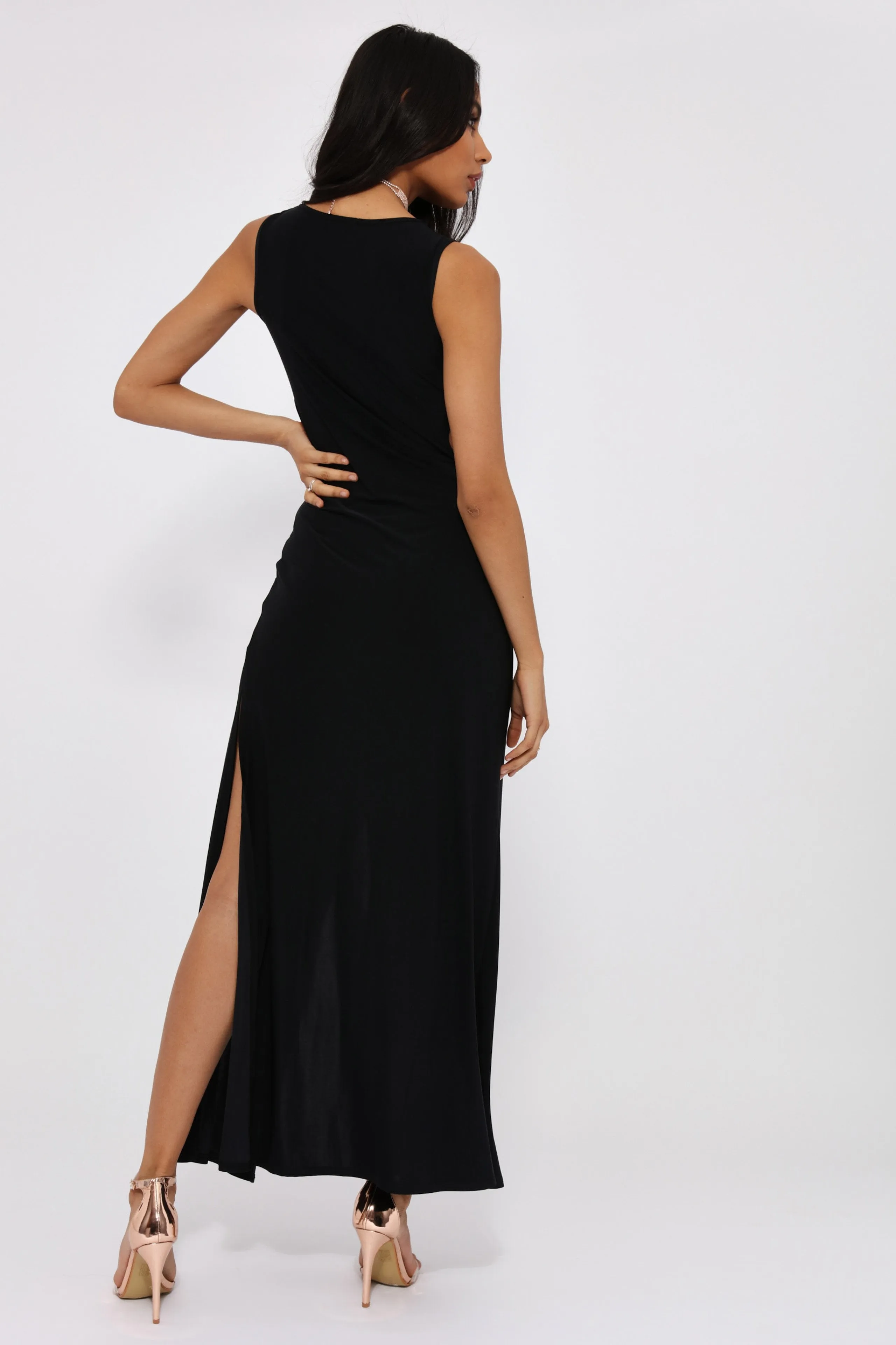 Black Overlap Wrap Maxi Dress