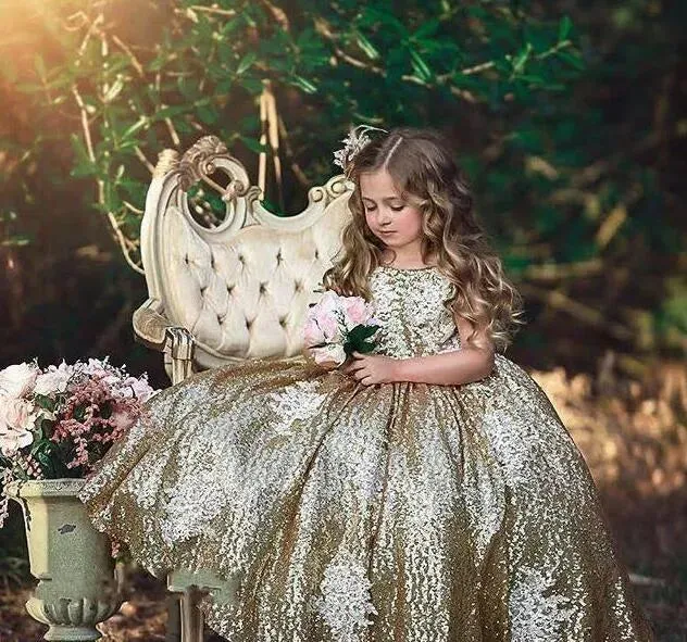 Bling Sparkly Sequins Flower Girls Dresses Appliques Sleeveless Birthday Party Dresses First Communion Girls Pageant Gowns