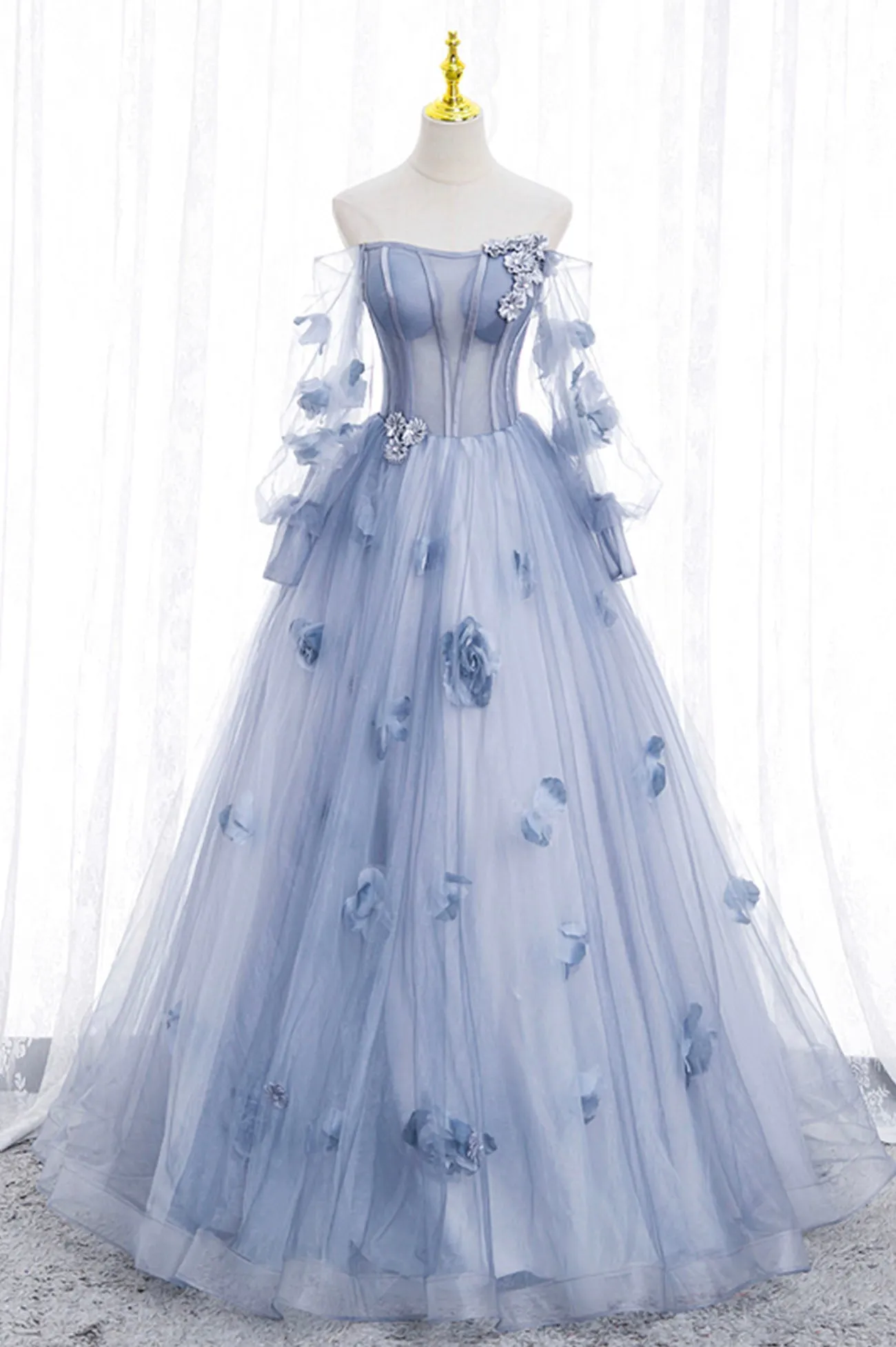 Blue Tulle Long Sleeve Prom Dress, A-Line Off the Shoulder Evening Gown