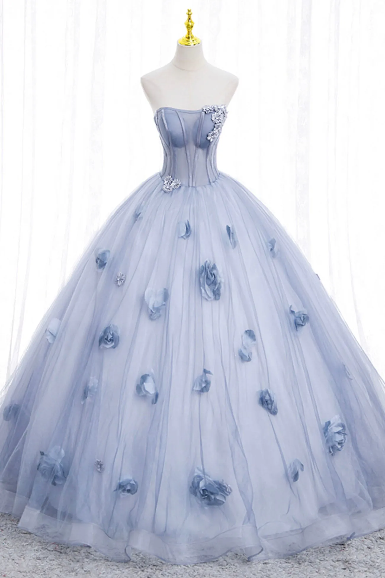 Blue Tulle Long Sleeve Prom Dress, A-Line Off the Shoulder Evening Gown