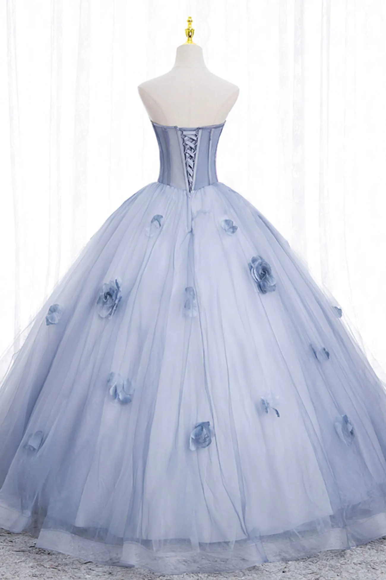 Blue Tulle Long Sleeve Prom Dress, A-Line Off the Shoulder Evening Gown