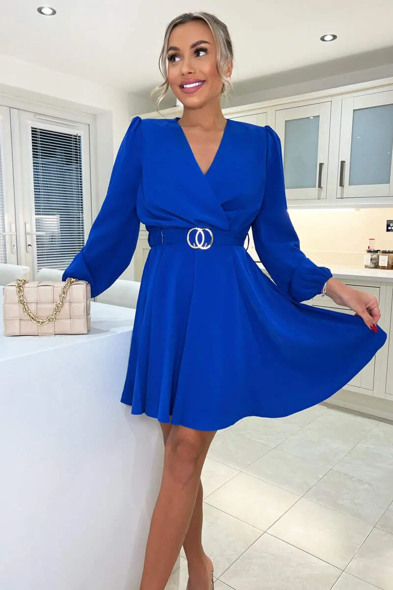 Blue Wrap Over Belted Skater Dress