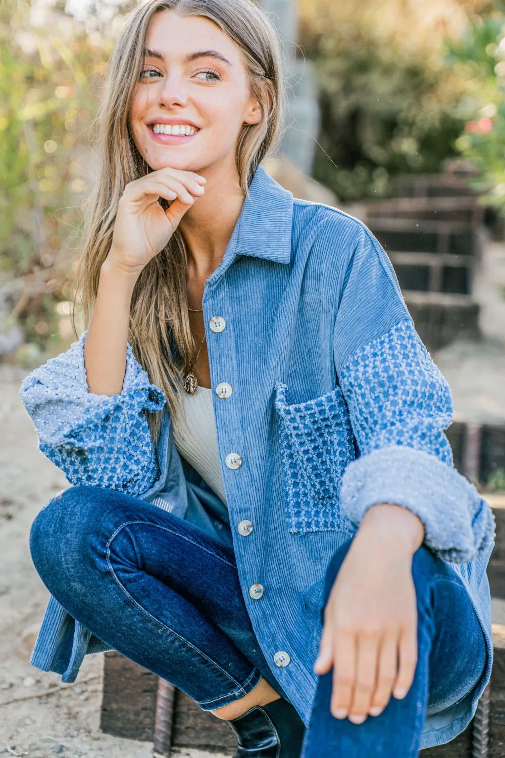 Blue Zone Planet |  And The Why Button Down Corduroy Contrast Texture Long Sleeve Shacket