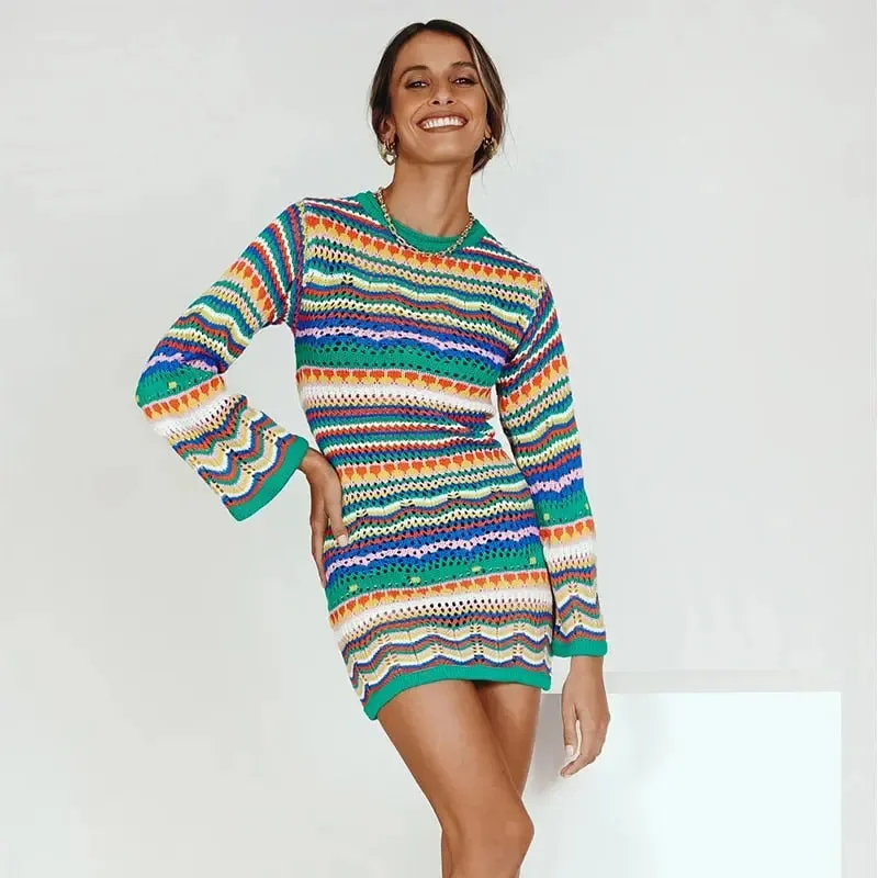 Boho Knit Crochet Sweater Dress