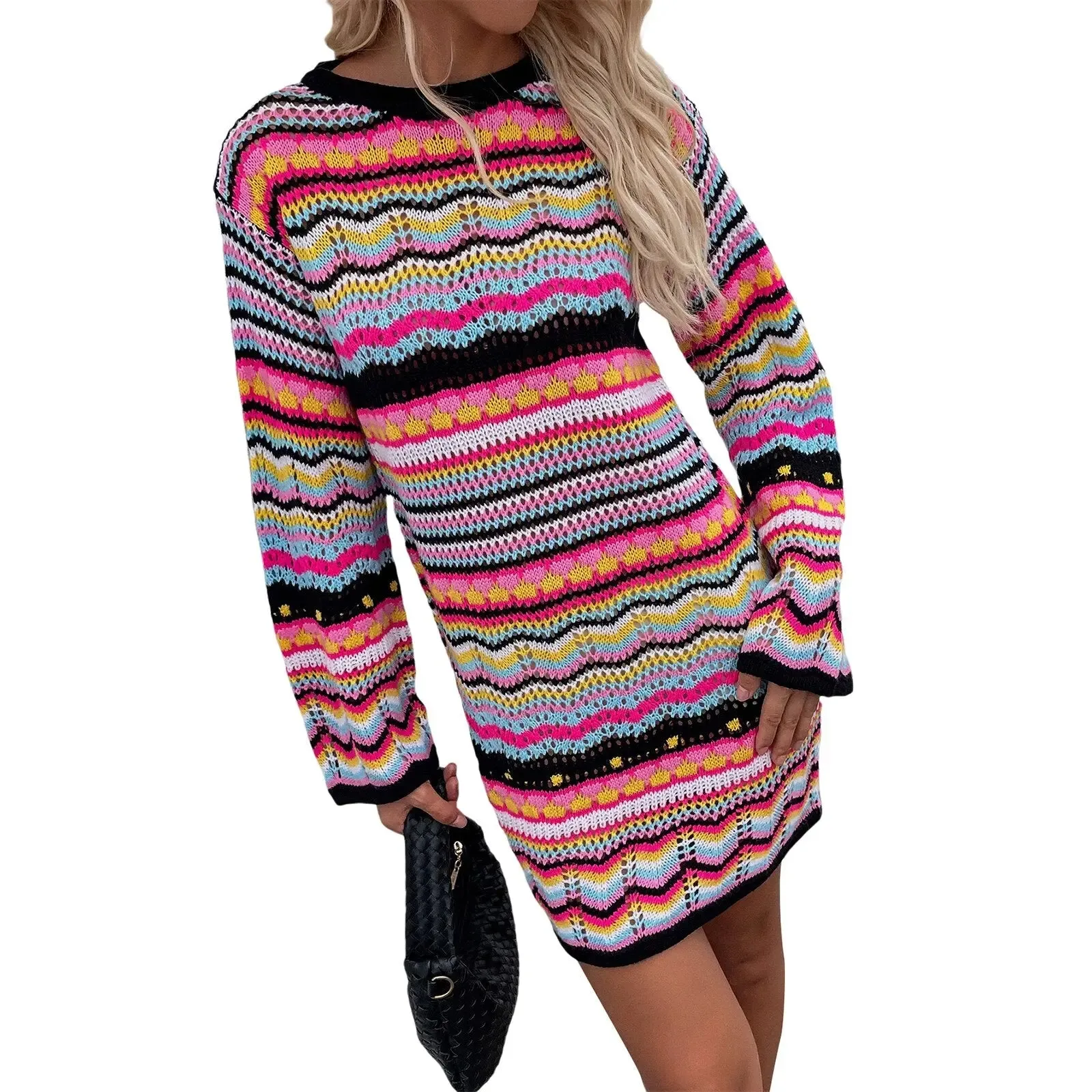 Boho Knit Crochet Sweater Dress