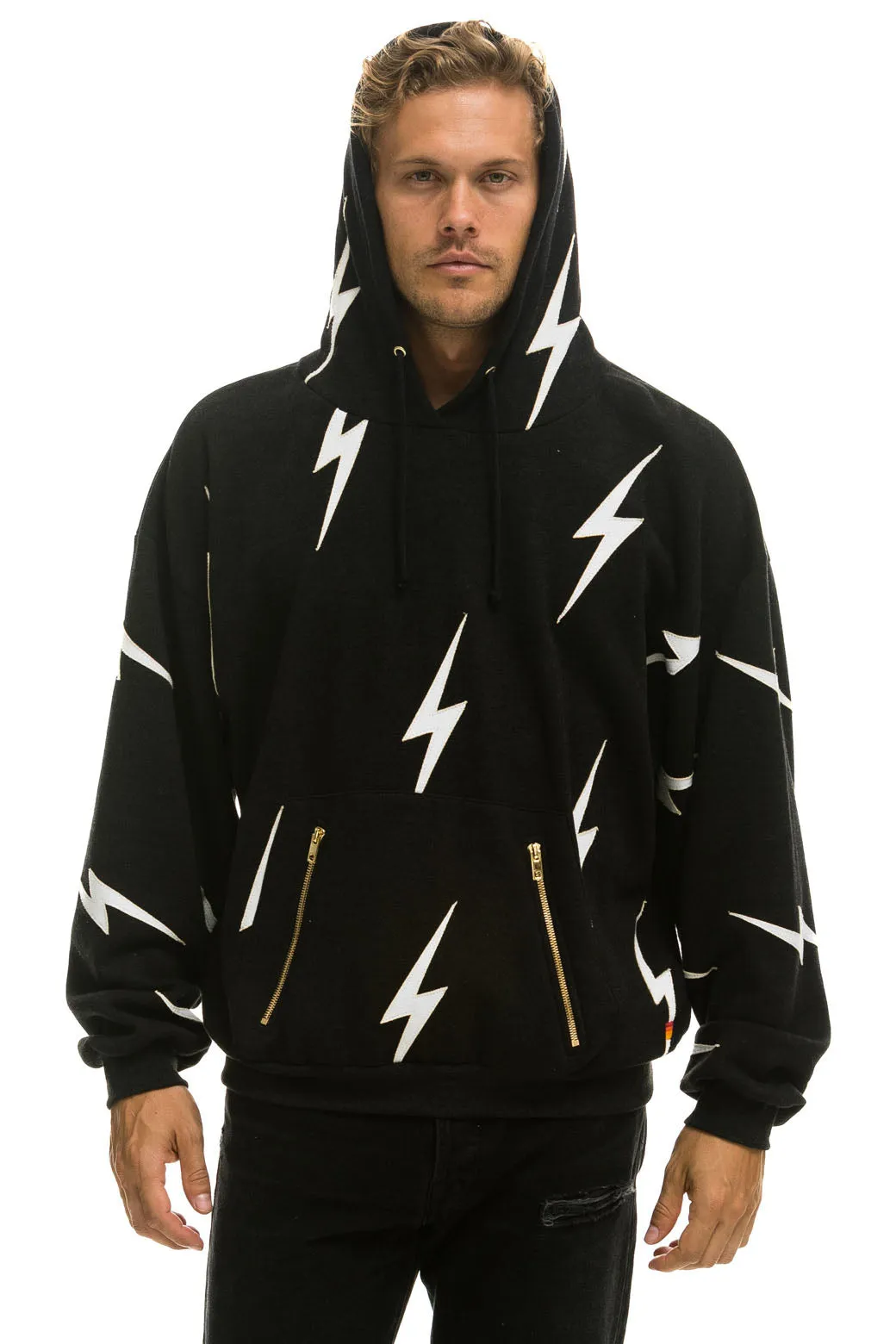 BOLT STITCH REPEAT RELAXED PULLOVER HOODIE WITH POCKET ZIPPERS - BLACK // WHITE