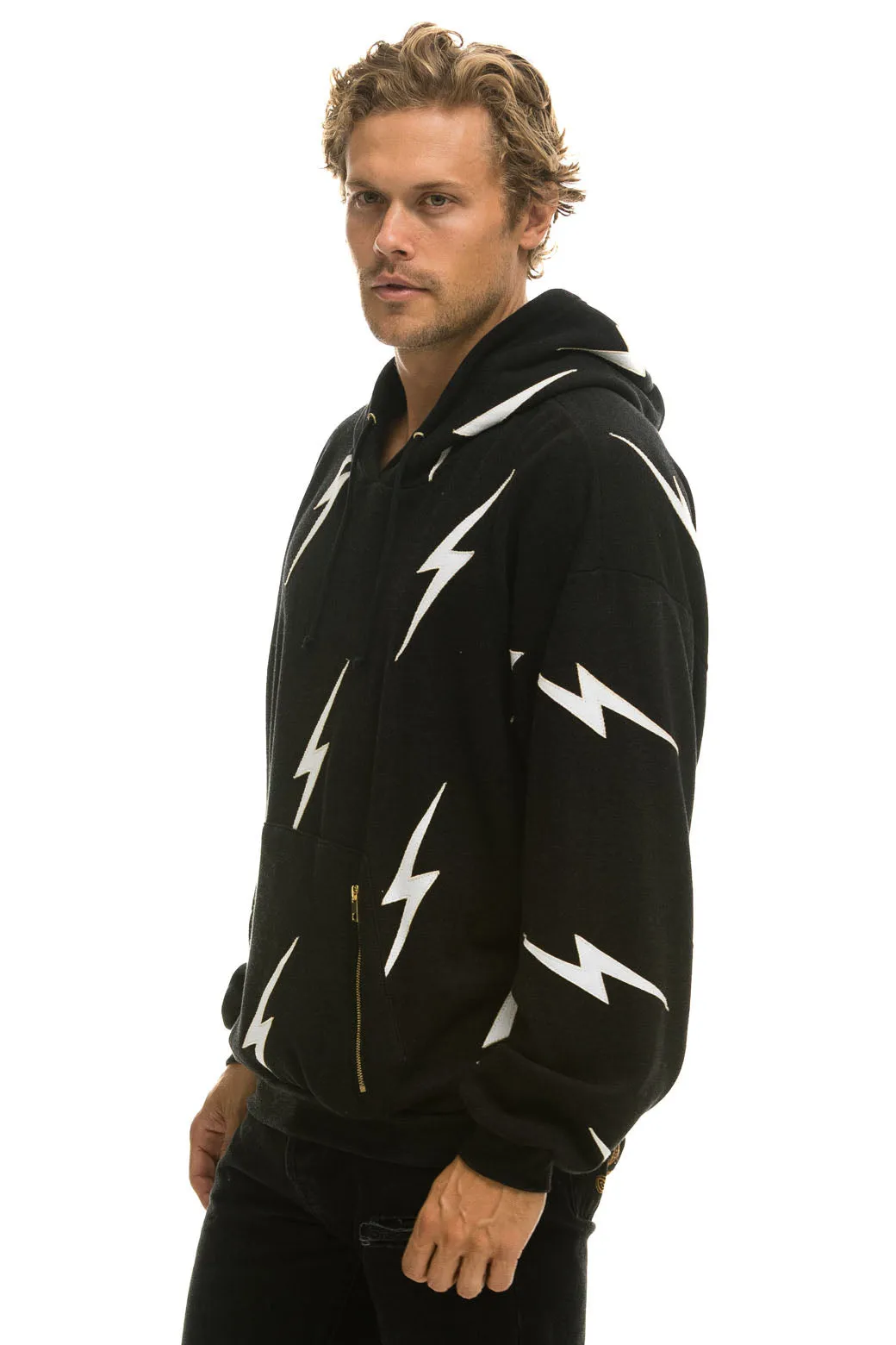 BOLT STITCH REPEAT RELAXED PULLOVER HOODIE WITH POCKET ZIPPERS - BLACK // WHITE