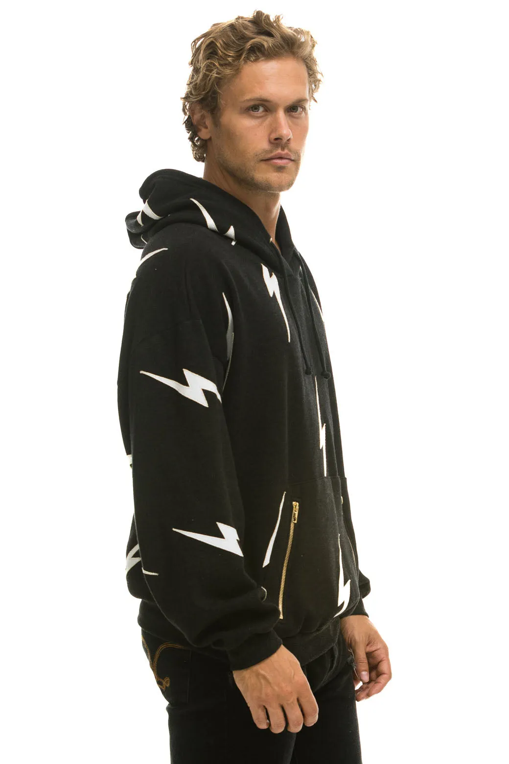 BOLT STITCH REPEAT RELAXED PULLOVER HOODIE WITH POCKET ZIPPERS - BLACK // WHITE