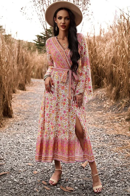 Border Boho Wrap Midi Dress