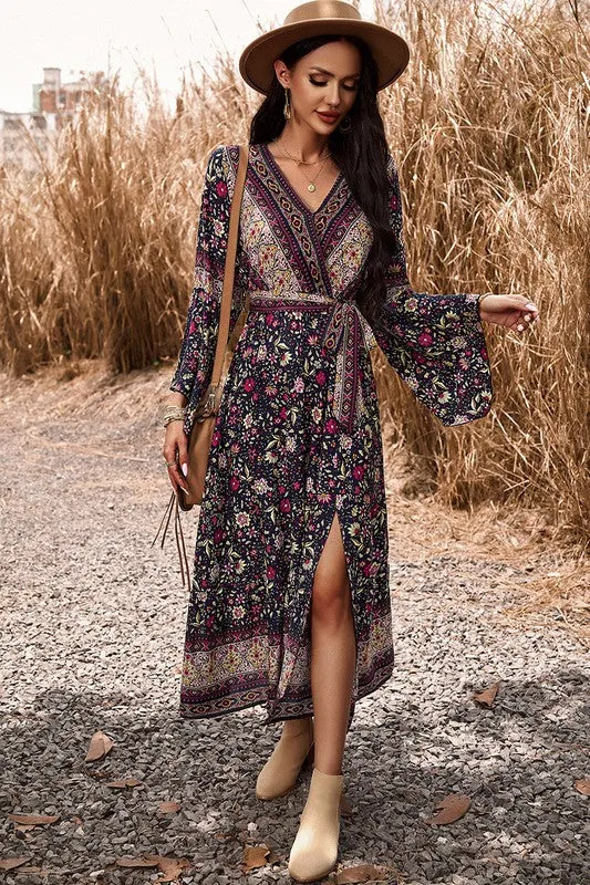 Border Boho Wrap Midi Dress