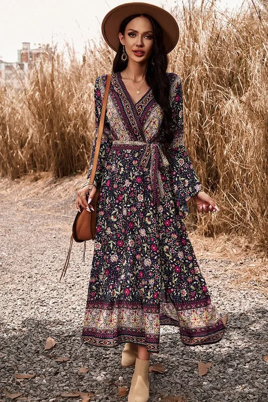 Border Boho Wrap Midi Dress