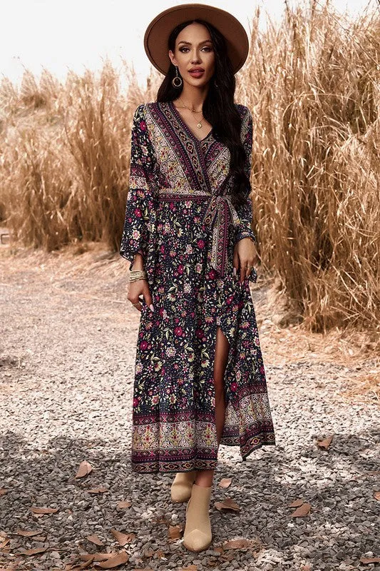 Border Boho Wrap Midi Dress