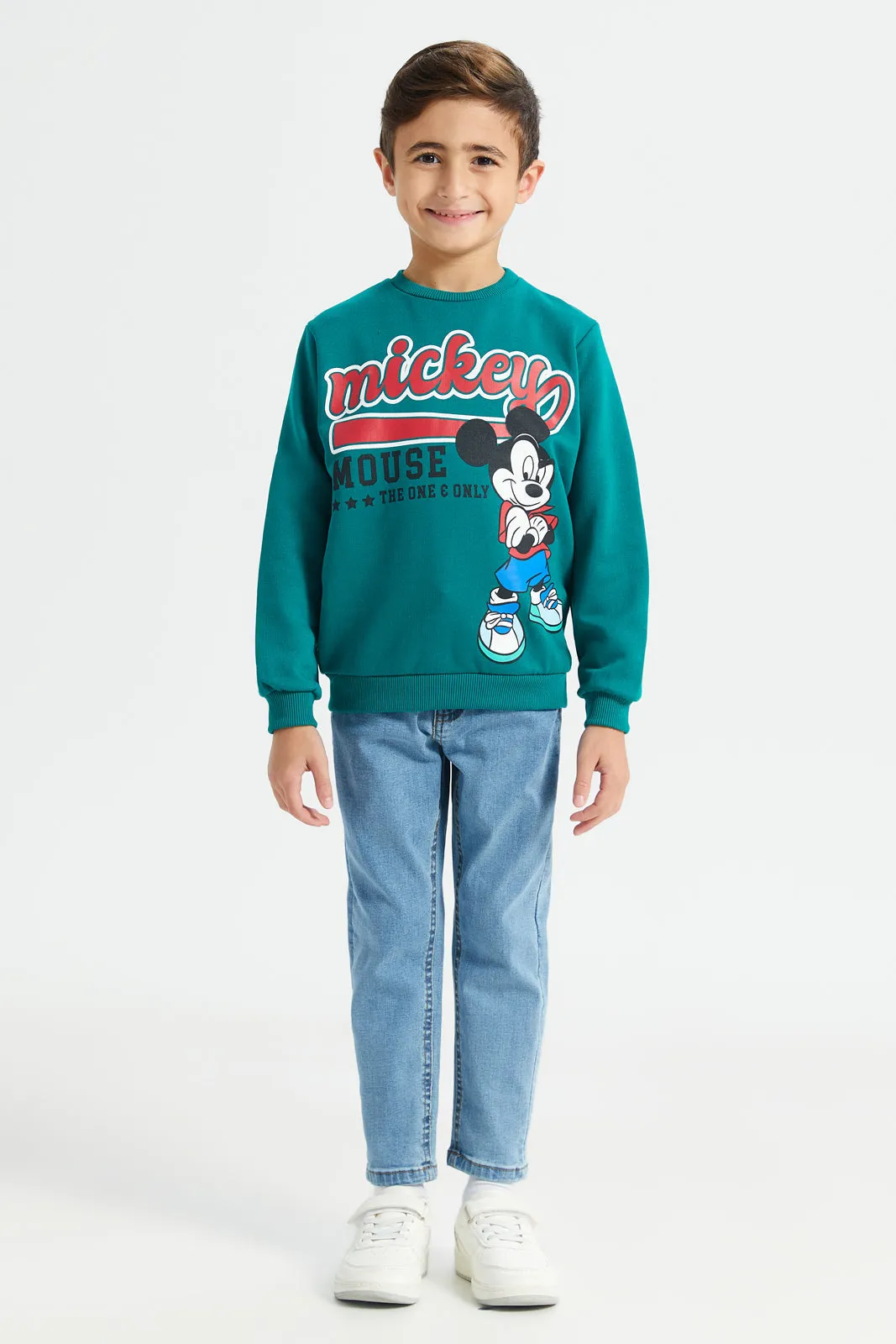 Boys Green Mickey Crew Neck Sweatshirt