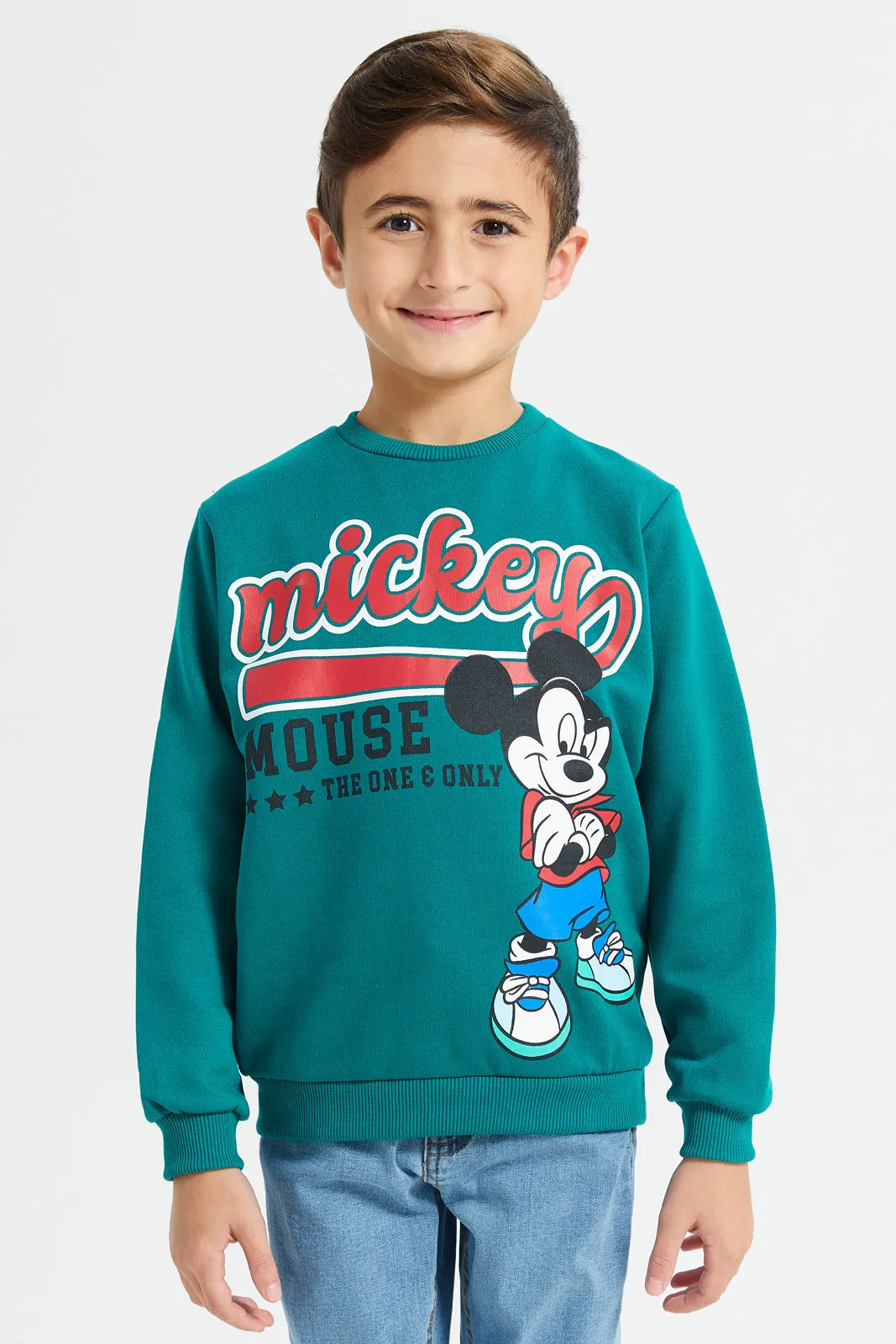 Boys Green Mickey Crew Neck Sweatshirt