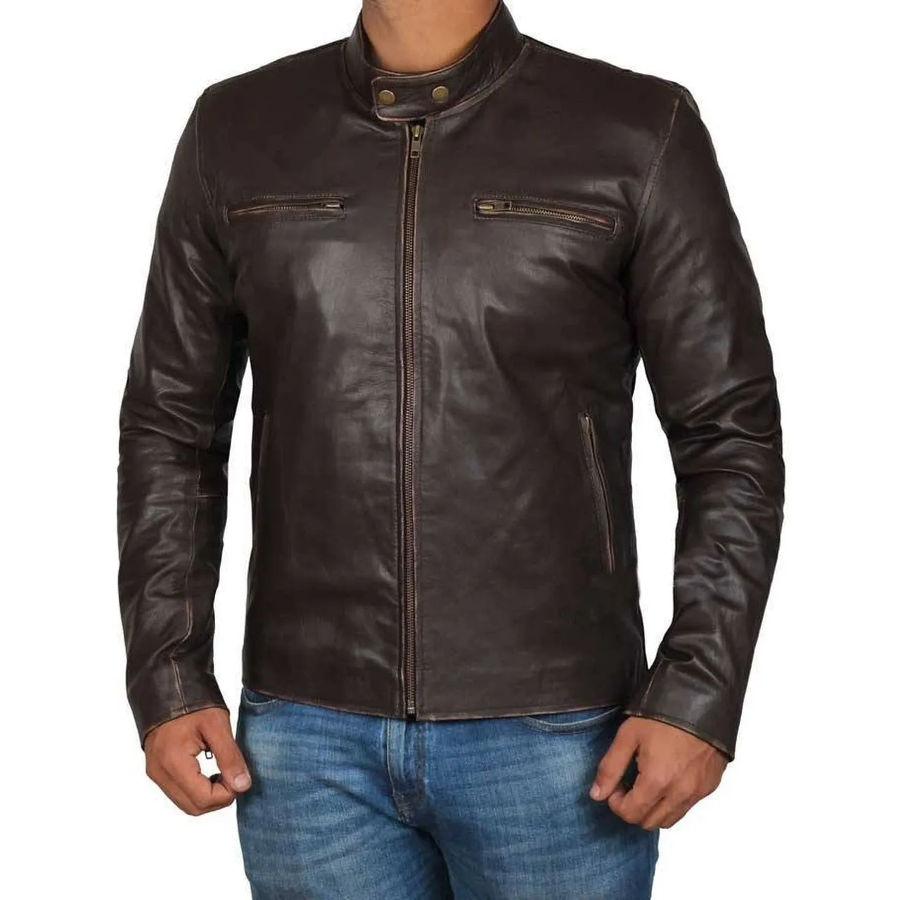 Brown Distressed Leather Jacket Men