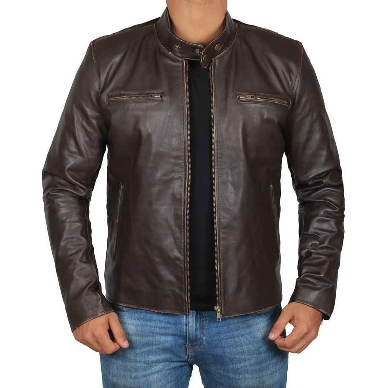 Brown Distressed Leather Jacket Men