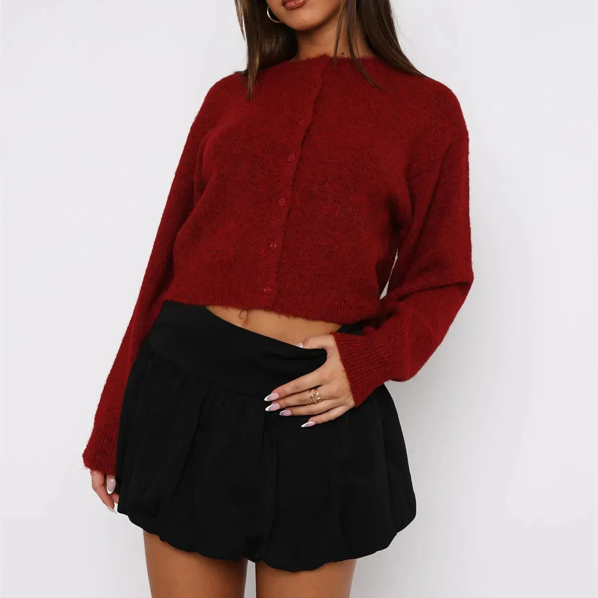 Casual cropped cute long-sleeve open-front button-down Y2K streetwear Cardigans