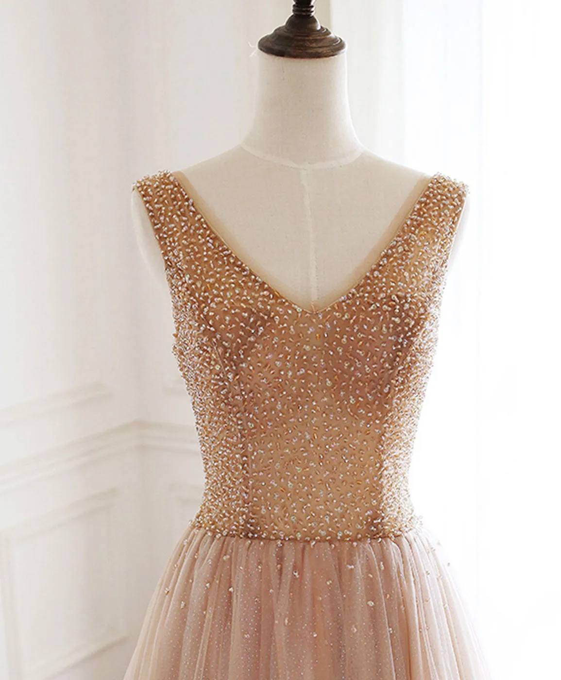 Champagne V Neck Tulle Beads Long Prom Dress Evening Dress