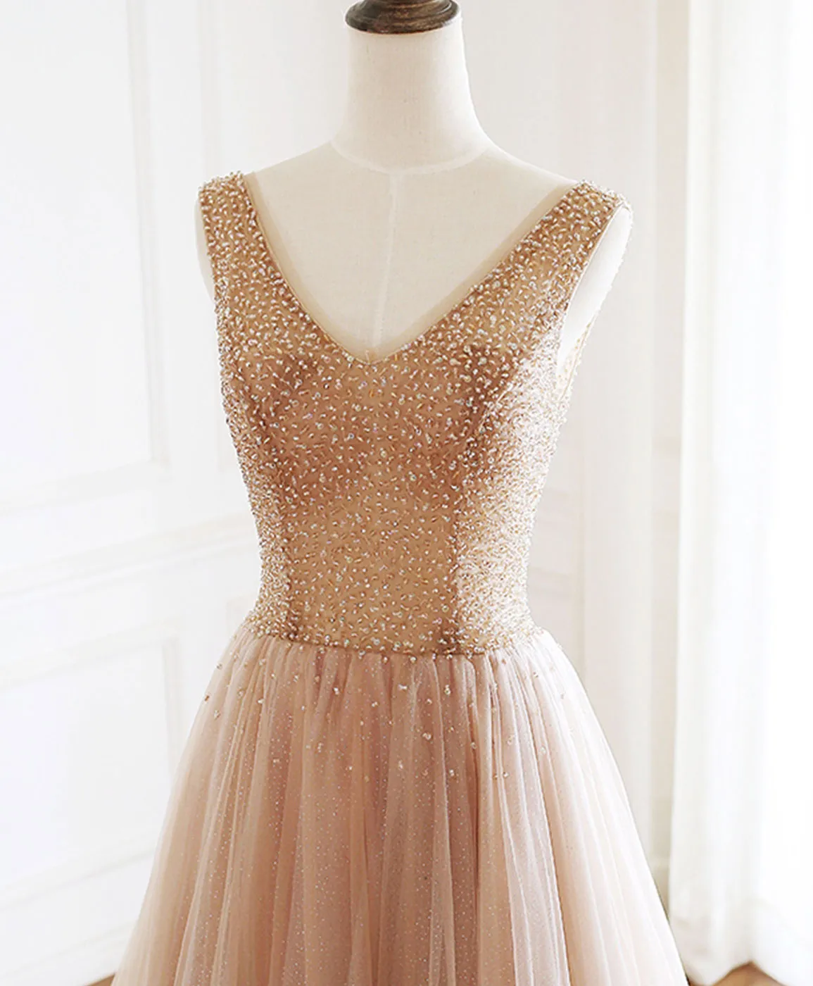 Champagne V Neck Tulle Beads Long Prom Dress Evening Dress