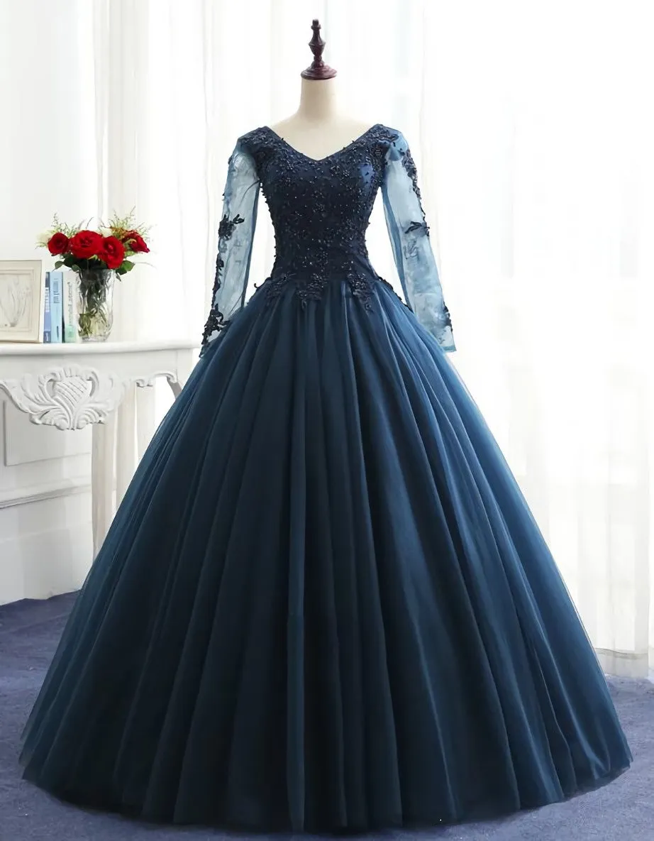 Charming Long Sleeves Navy Blue Tulle Party Gown, Navy Blue Prom Dress