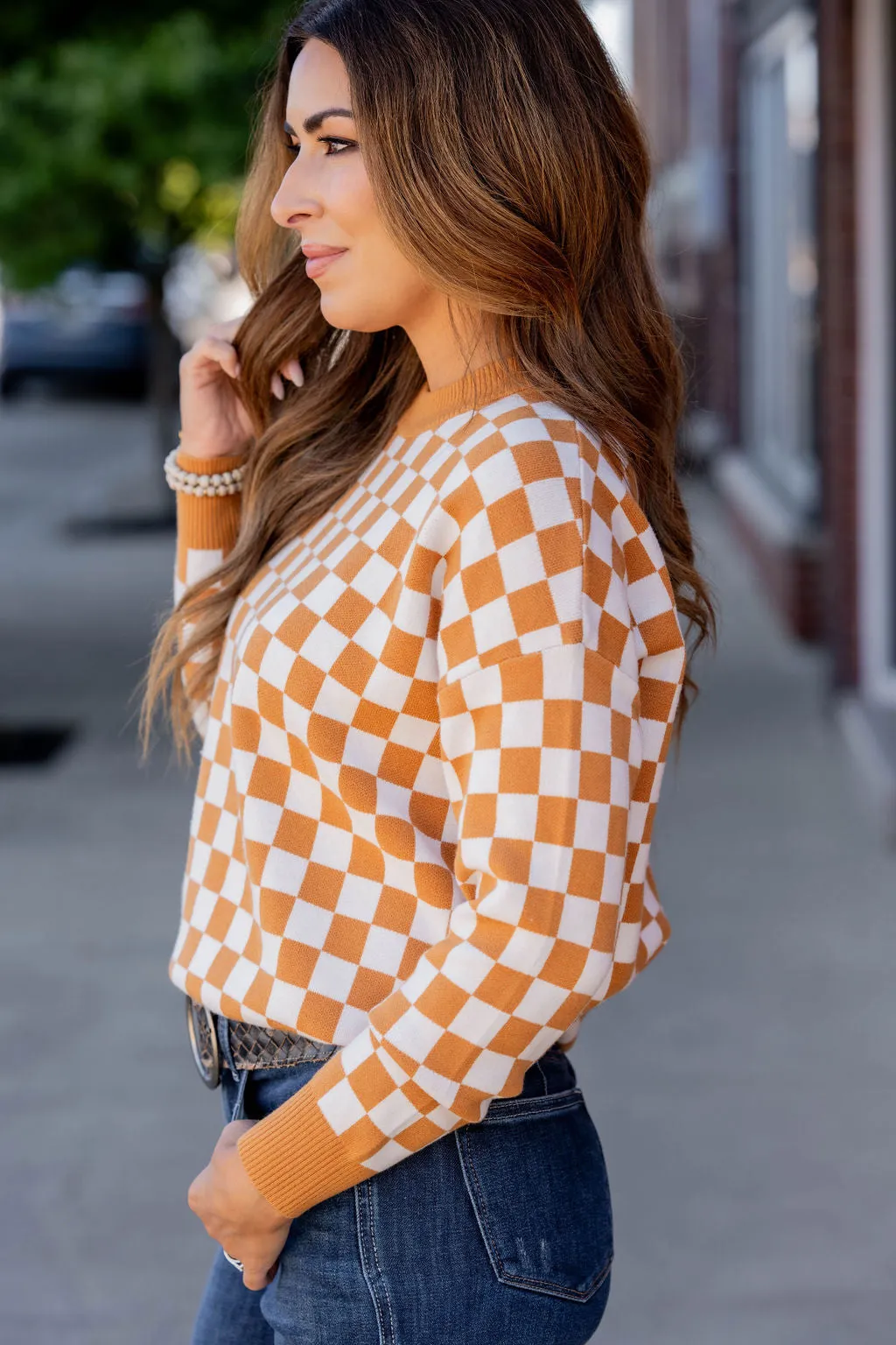 Checkered Ribbed Trim Sweater