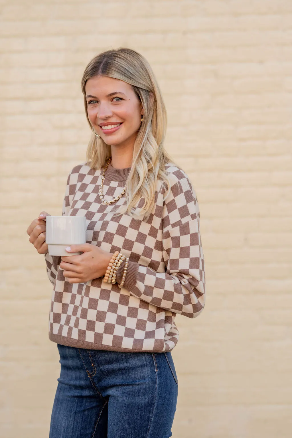 Checkered Ribbed Trim Sweater