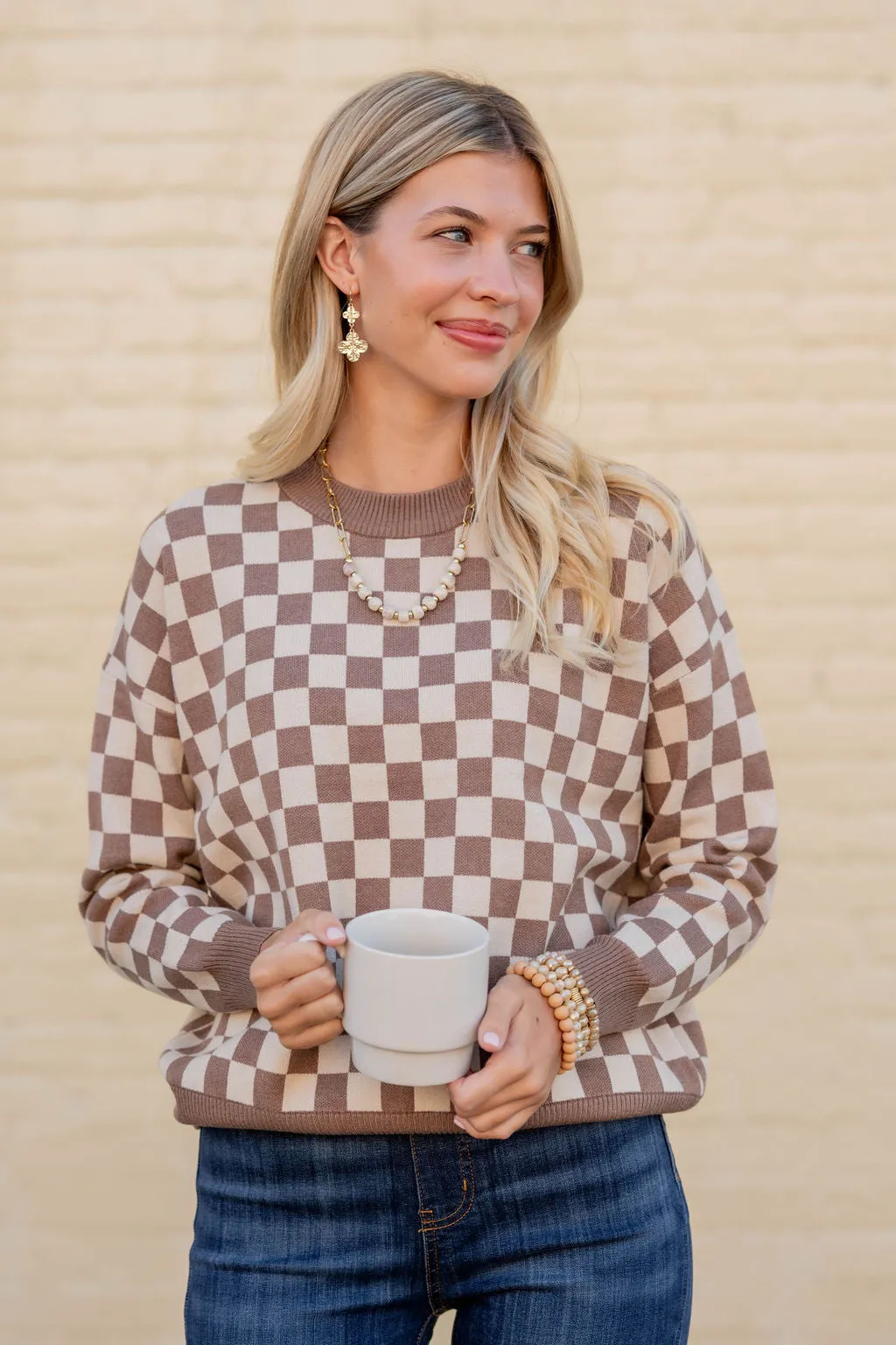 Checkered Ribbed Trim Sweater