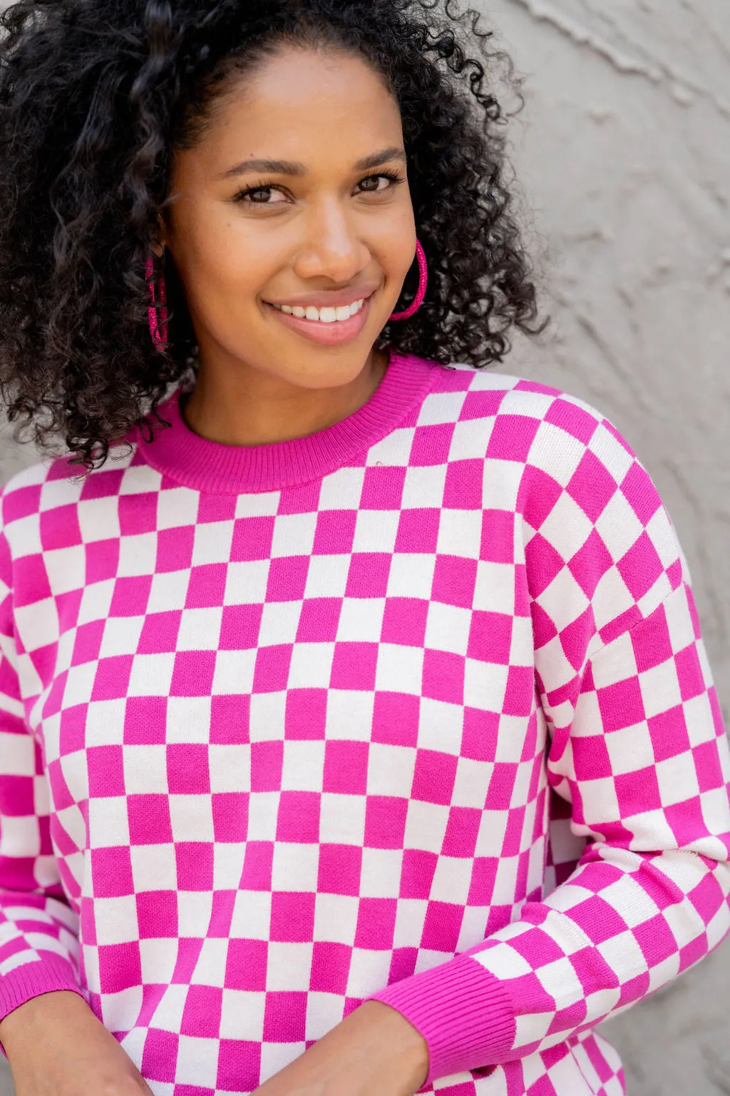 Checkered Ribbed Trim Sweater