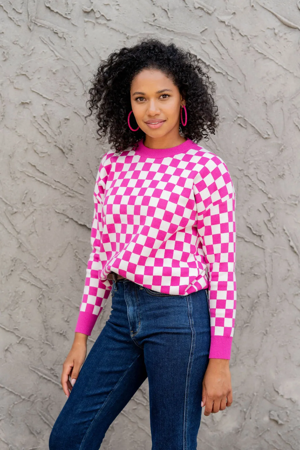 Checkered Ribbed Trim Sweater