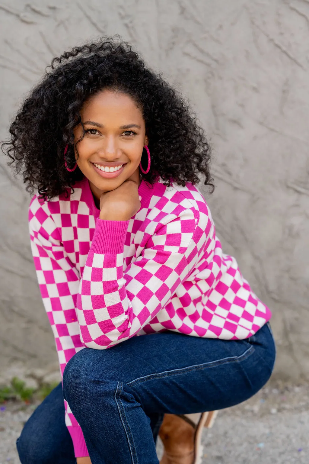 Checkered Ribbed Trim Sweater