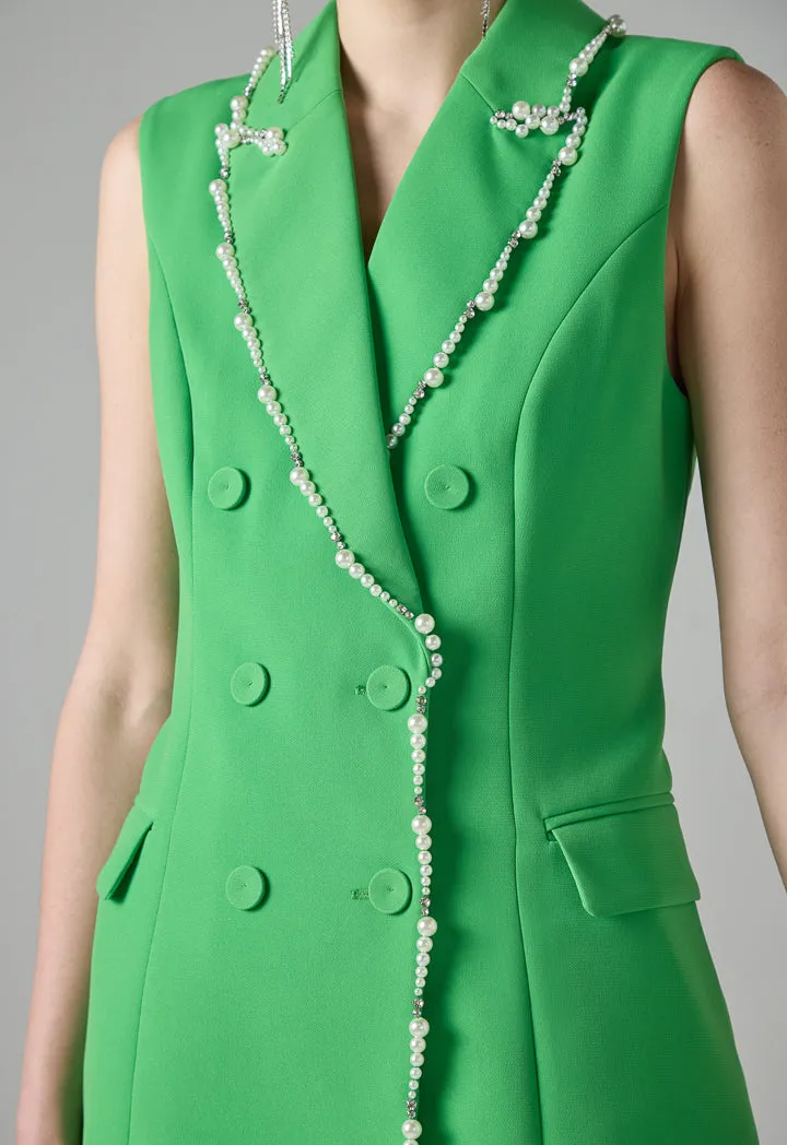 Choice Faux Pearl Crystal Embellished Sleeveless Gilet Green