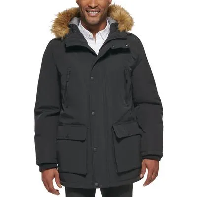Club Room Mens Regular fit Parka Coat Small Black Solid Faux Fur Trim