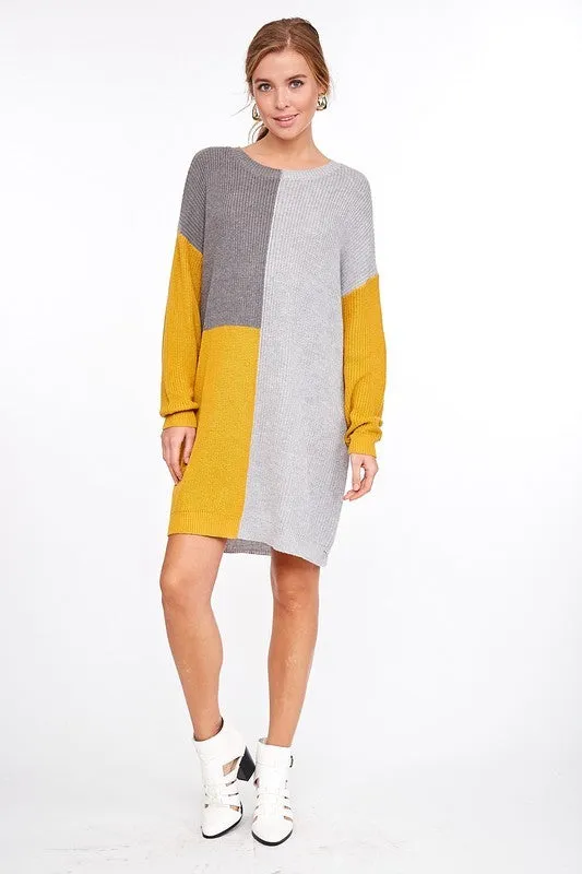 Color Block Sweater Dress Mustard