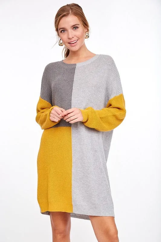 Color Block Sweater Dress Mustard