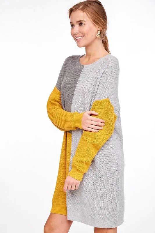 Color Block Sweater Dress Mustard