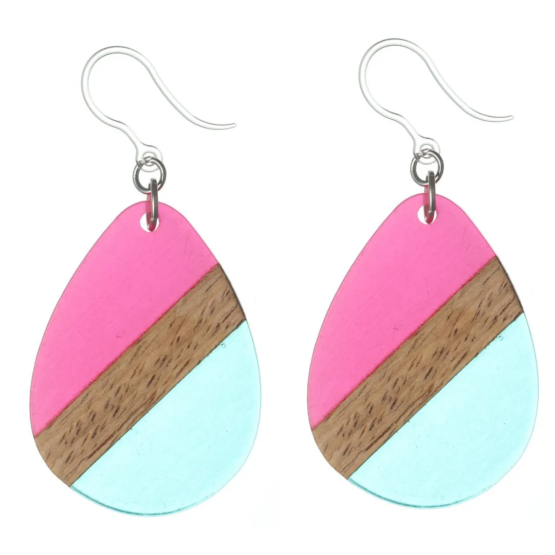 Color Block Wooden Celluloid Teardrop Dangles Hypoallergenic Earrings for Sensitive Ears Made with Plastic Posts