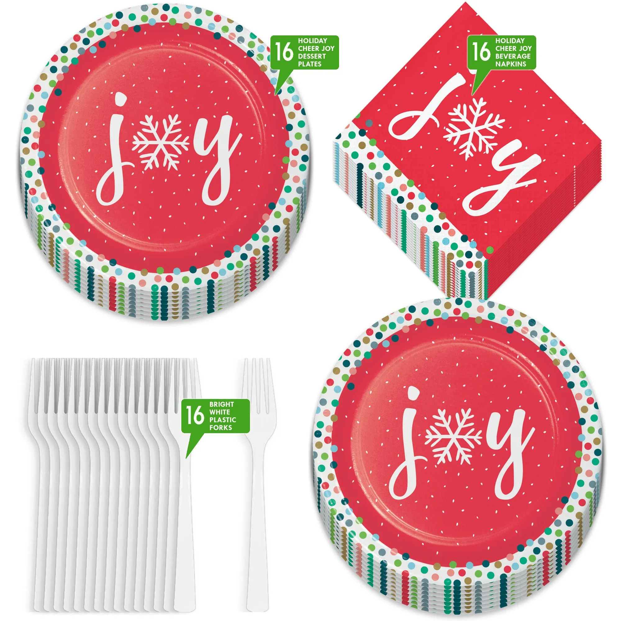 Colorful Holiday Cheer Christmas Joy Paper Dessert Party Plates, Napkins, and Forks (Serves 16)