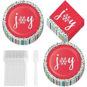 Colorful Holiday Cheer Christmas Joy Paper Dessert Party Plates, Napkins, and Forks (Serves 16)