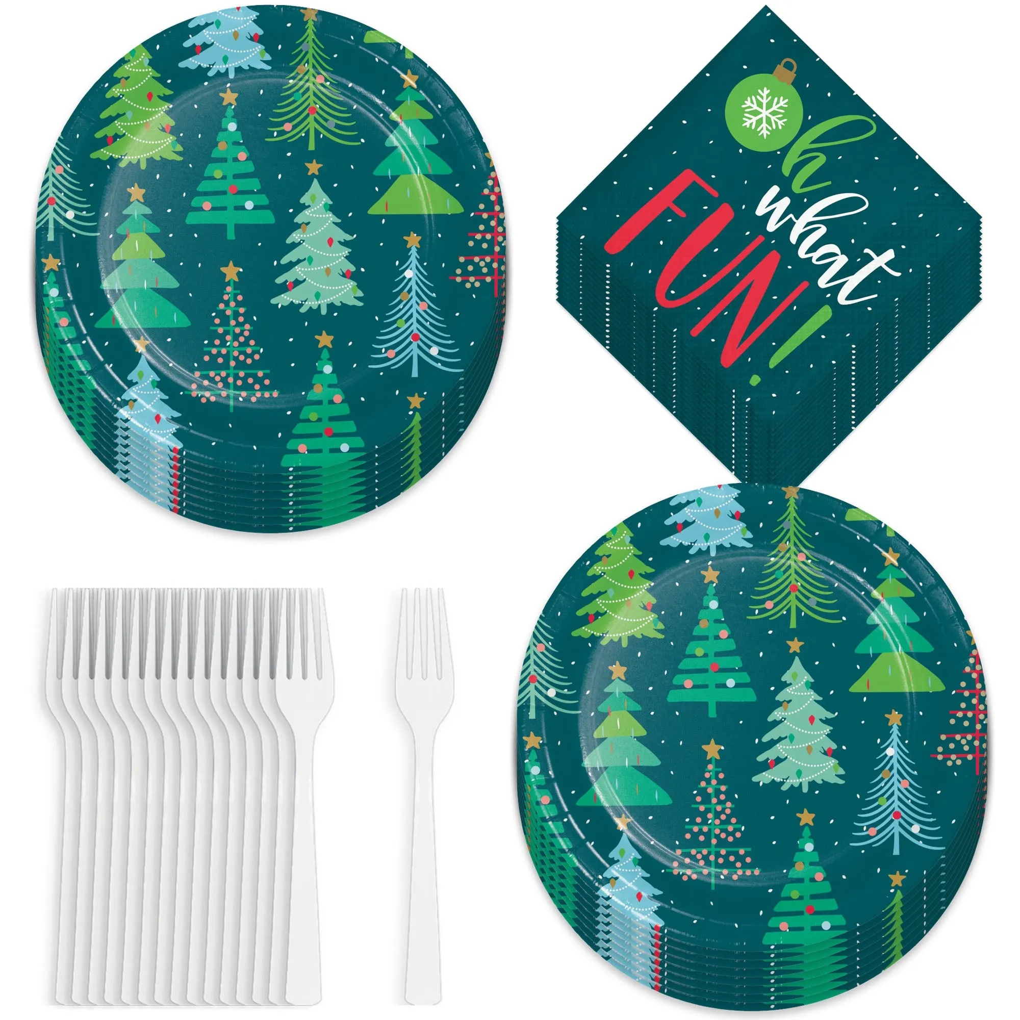 Colorful Holiday Cheer Christmas Tree Paper Dessert Party Plates, Napkins, and Forks (Serves 16)